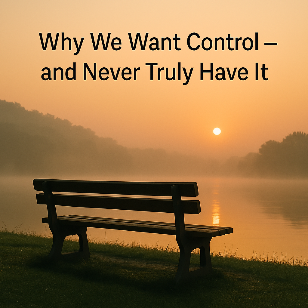 Why We Want Control and Never Truly Have It – Reflective Image Park bench overlooking a calm lake at sunrise, illustrating why we want control but never truly have it.