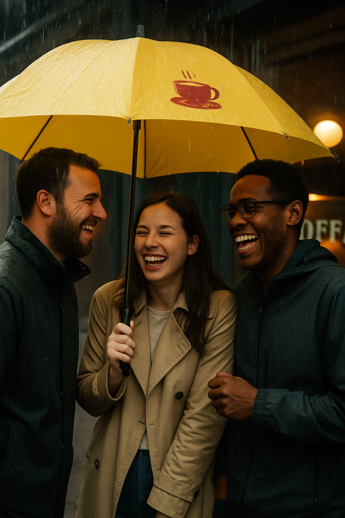 A rainy day encounter — how strangers remind us that everyone matters. Three strangers standing close together under a coffee shop umbrella during rain, smiling and laughing — a candid moment of connection between people who just met - Everyone Matters.